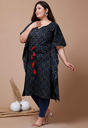 Printed Pure Cotton Kaftan in Navy Blue