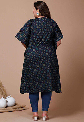 Printed Pure Cotton Kaftan in Navy Blue