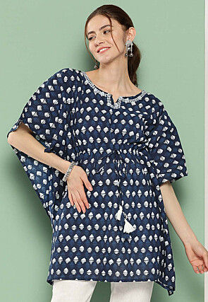 Printed Pure Cotton Kaftan in Navy Blue