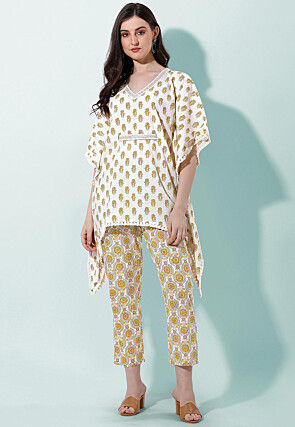 Printed Pure Cotton Kaftan Style Top Set in Off White
