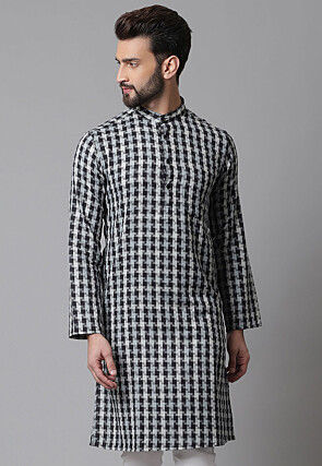 Printed Pure Cotton Kurta in Black and Off White