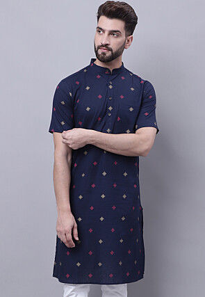 Printed Pure Cotton Kurta in Navy Blue