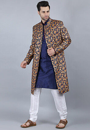 Printed Pure Cotton Kurta Jacket Set in Navy Blue