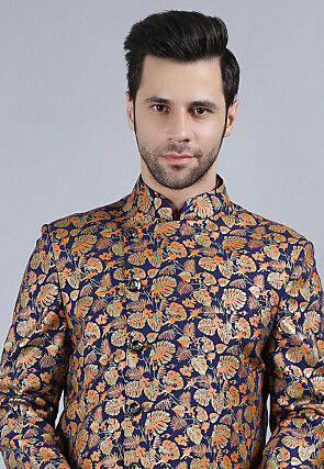 Printed Pure Cotton Kurta Jacket Set in Navy Blue