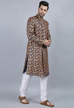 Printed Pure Cotton Kurta Jacket Set in Navy Blue