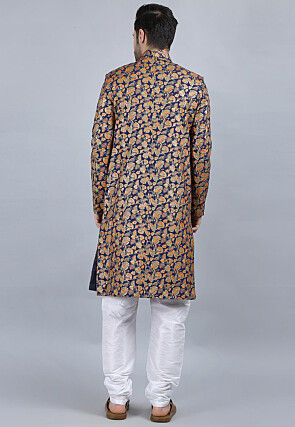 Printed Pure Cotton Kurta Jacket Set in Navy Blue
