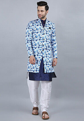 Printed Pure Cotton Kurta Jacket Set in White
