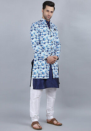 Printed Pure Cotton Kurta Jacket Set in White