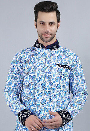 Printed Pure Cotton Kurta Jacket Set in White