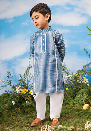Printed Pure Cotton Kurta Set in Blue