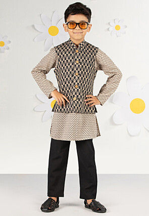 Printed Pure Cotton Kurta Set in Cream and Black