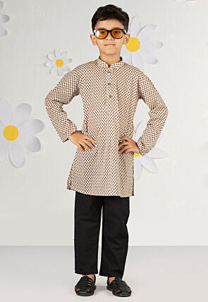 Printed Pure Cotton Kurta Set in Cream and Black