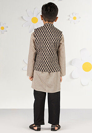 Printed Pure Cotton Kurta Set in Cream and Black