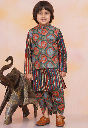 Printed Pure Cotton Kurta Set in Dark Green and Red
