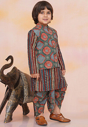 Printed Pure Cotton Kurta Set in Dark Green and Red