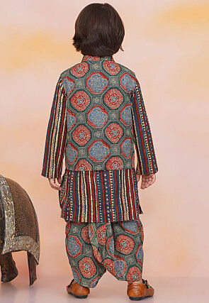 Printed Pure Cotton Kurta Set in Dark Green and Red