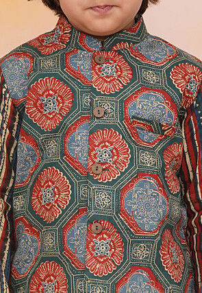 Printed Pure Cotton Kurta Set in Dark Green and Red