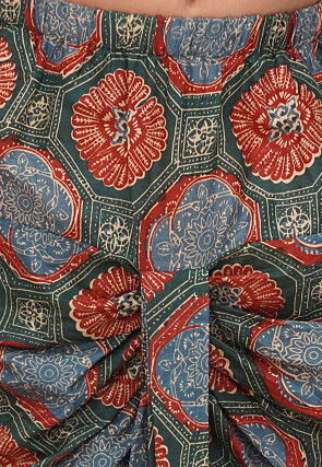 Printed Pure Cotton Kurta Set in Dark Green and Red