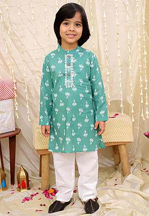 Printed Pure Cotton Kurta Set in Green