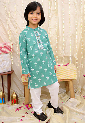 Printed Pure Cotton Kurta Set in Green