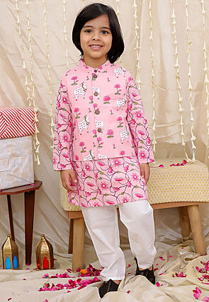Printed Pure Cotton Kurta Set in Light Pink