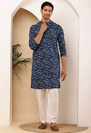 Printed Pure Cotton Kurta Set in Navy Blue