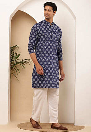Printed Pure Cotton Kurta Set in Navy Blue