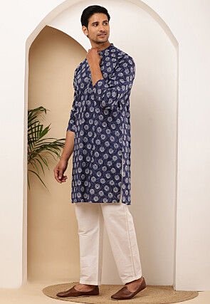 Printed Pure Cotton Kurta Set in Navy Blue