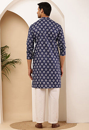 Printed Pure Cotton Kurta Set in Navy Blue