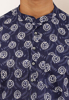 Printed Pure Cotton Kurta Set in Navy Blue