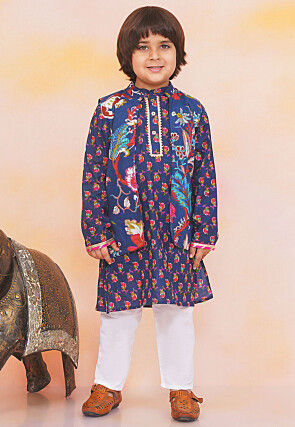 Printed Pure Cotton Kurta Set in Navy Blue