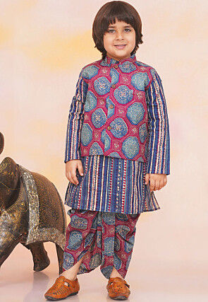 Printed Pure Cotton Kurta Set in Navy Blue