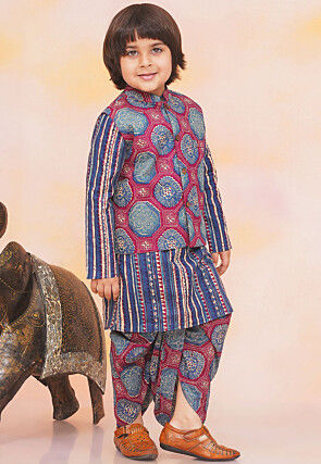 Printed Pure Cotton Kurta Set in Navy Blue