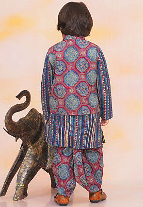 Printed Pure Cotton Kurta Set in Navy Blue