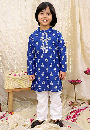 Printed Pure Cotton Kurta Set in Royal Blue