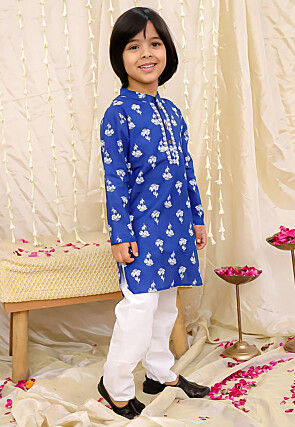 Printed Pure Cotton Kurta Set in Royal Blue