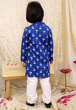 Printed Pure Cotton Kurta Set in Royal Blue