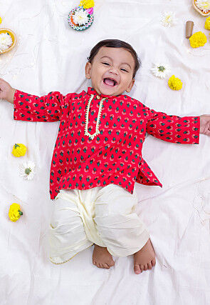 Printed Pure Cotton Kurta Set in Red