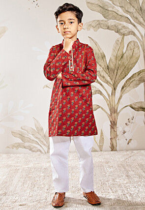 Printed Pure Cotton Kurta Set in Red
