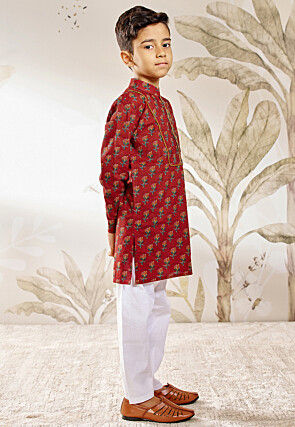 Printed Pure Cotton Kurta Set in Red