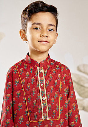 Printed Pure Cotton Kurta Set in Red