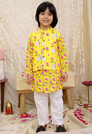 Printed Pure Cotton Kurta Set in Yellow
