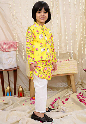 Printed Pure Cotton Kurta Set in Yellow