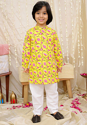 Printed Pure Cotton Kurta Set in Yellow
