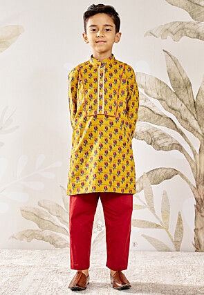 Printed Pure Cotton Kurta Set in Yellow