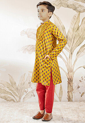 Printed Pure Cotton Kurta Set in Yellow