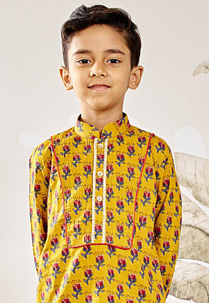 Printed Pure Cotton Kurta Set in Yellow