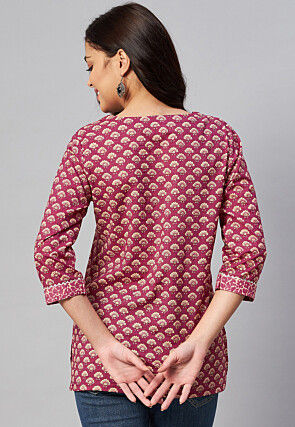 Printed Pure Cotton Kurti in Coral Pink