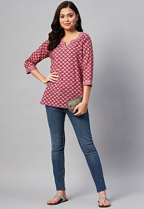 Printed Pure Cotton Kurti in Coral Pink