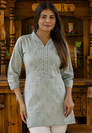 Printed Pure Cotton Kurti in Dusty Green